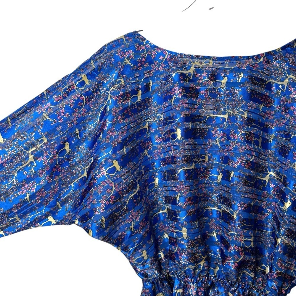 Free People Blue Floral Metallic Boho Festival Top Dolman Sleeved Blouse Sz M - Picture 6 of 13